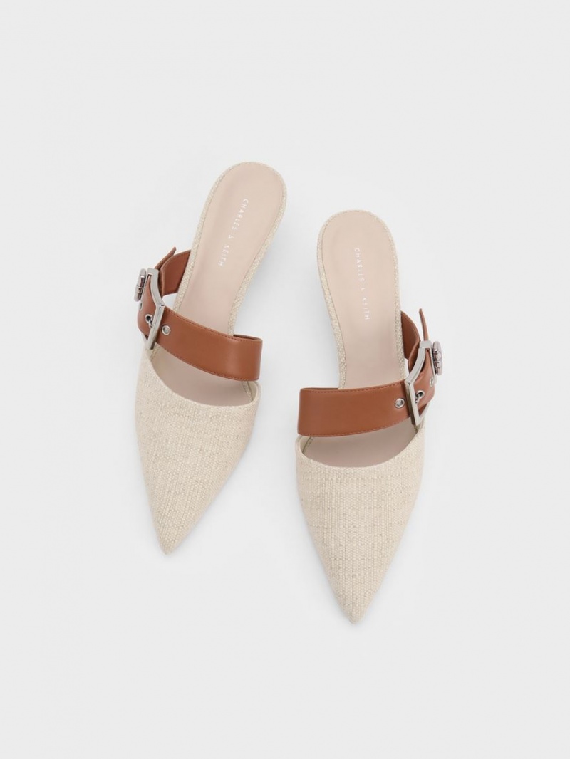 Mules Charles And Keith Asymmetric πόρπης Linen με τακουνι Μπεζ | 43658-CZFD