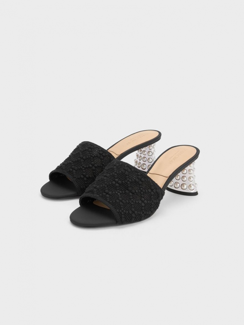 Mules Charles And Keith Beaded Heel Crochet μαυρα | 07831-SNUL