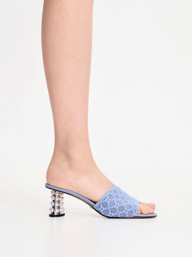 Mules Charles And Keith Beaded Heel Crochet μπλε | 96354-CZXM