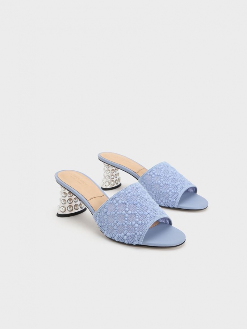 Mules Charles And Keith Beaded Heel Crochet μπλε | 96354-CZXM