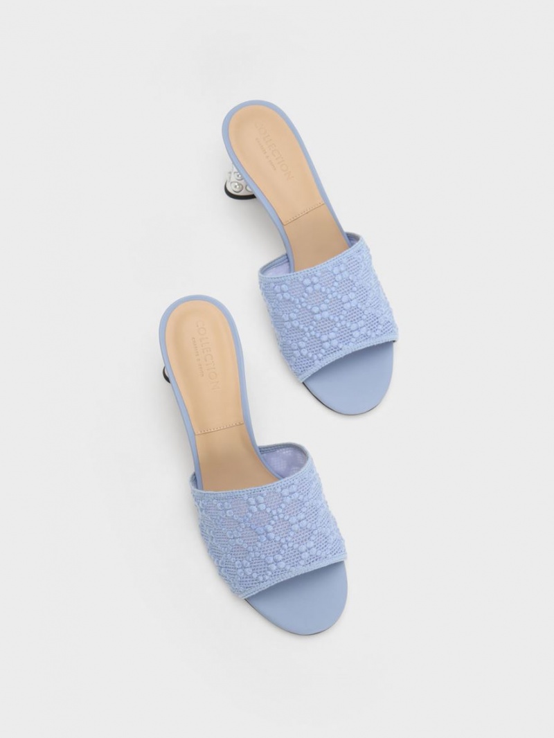 Mules Charles And Keith Beaded Heel Crochet μπλε | 96354-CZXM