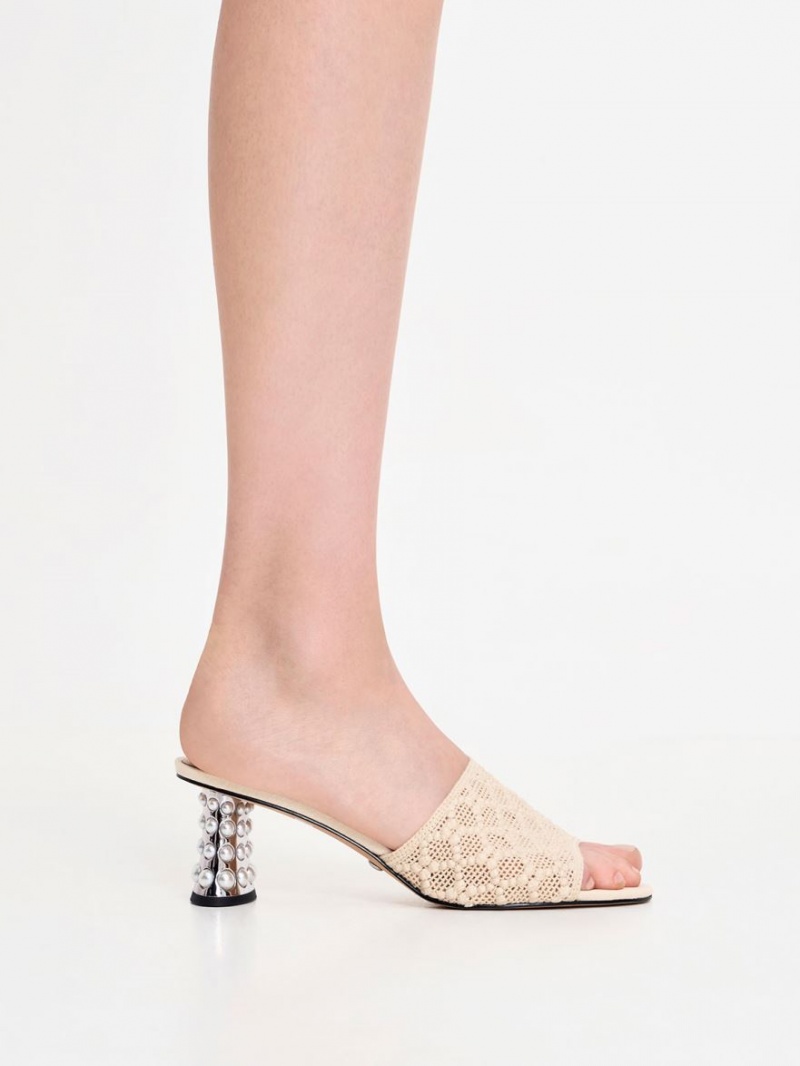 Mules Charles And Keith Beaded Heel Crochet κρέμα | 02753-BGST