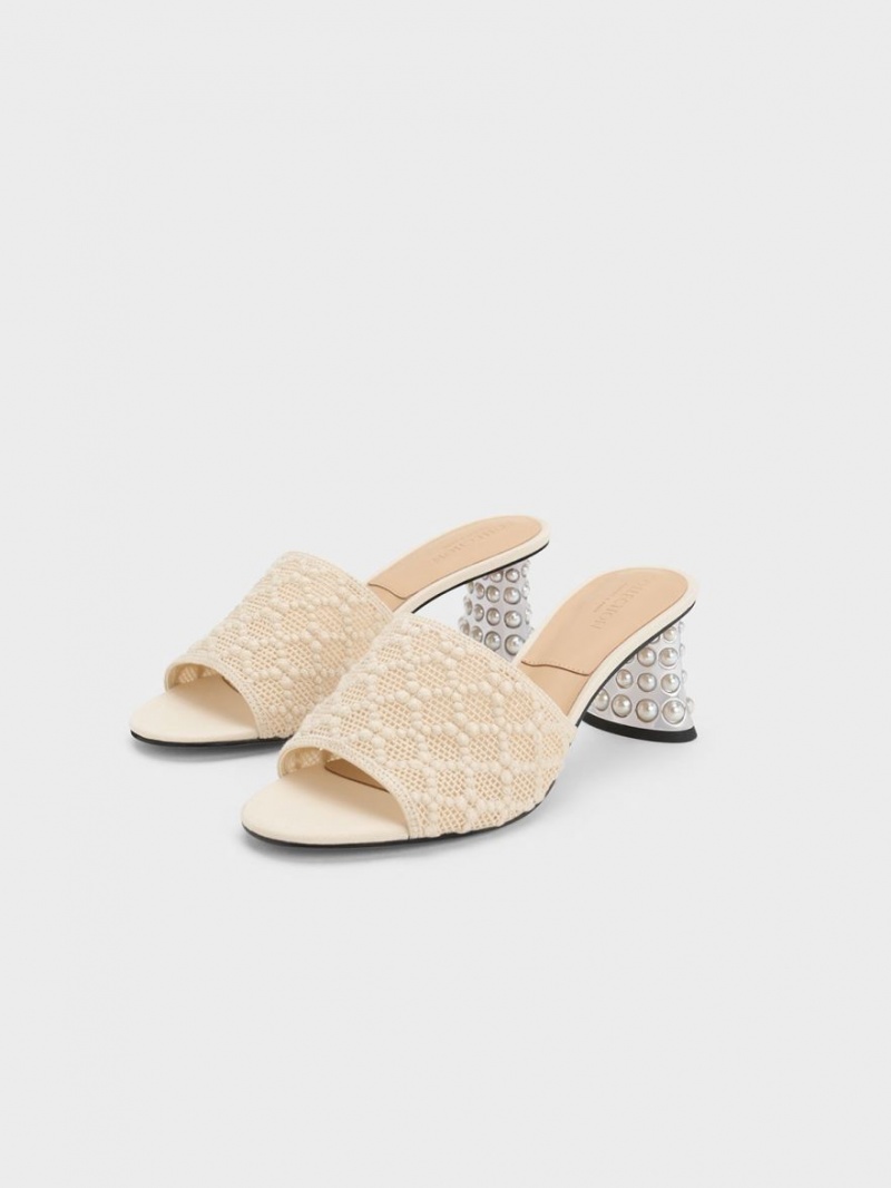 Mules Charles And Keith Beaded Heel Crochet κρέμα | 02753-BGST
