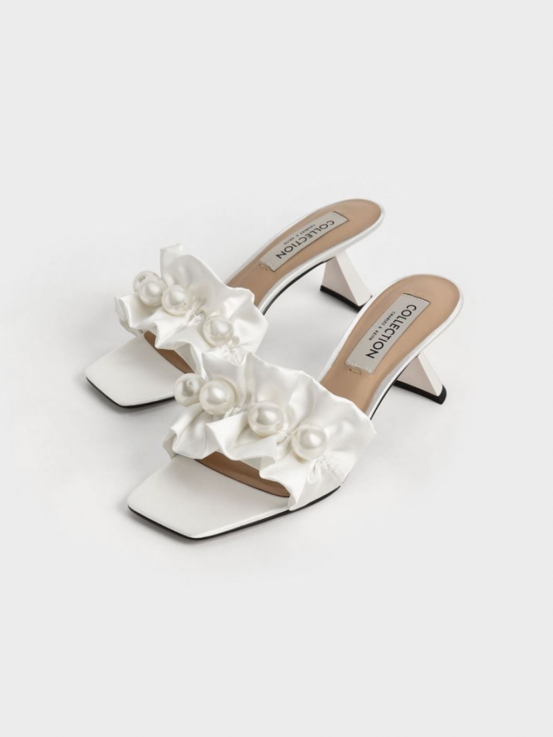 Mules Charles And Keith Blythe Bead-Embellished Satin ασπρα | 29318-NBYX