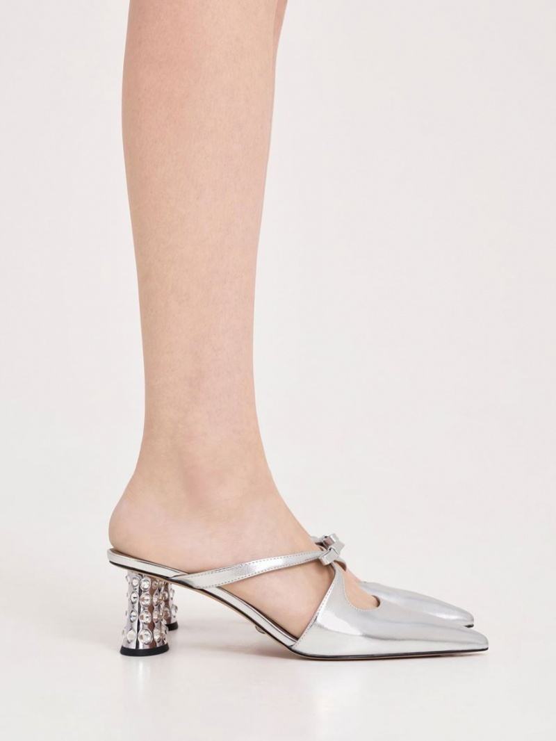 Mules Charles And Keith Bow Crossover Gem-Embellished ασημι | 30958-YASR