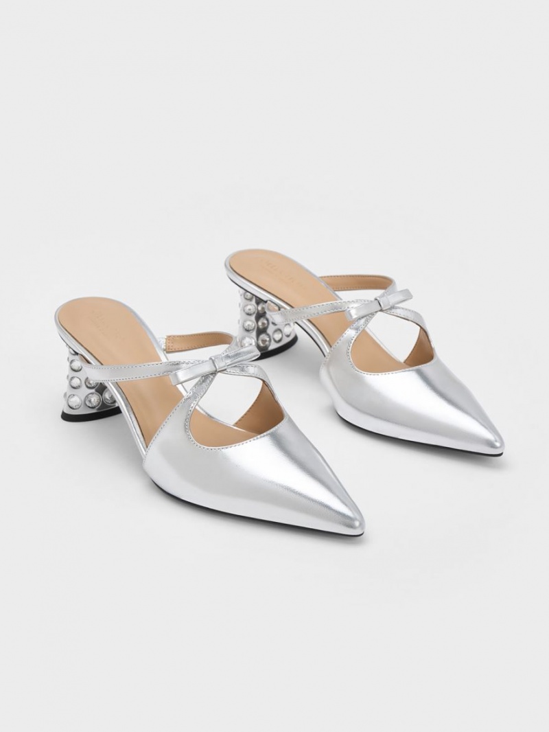 Mules Charles And Keith Bow Crossover Gem-Embellished ασημι | 30958-YASR