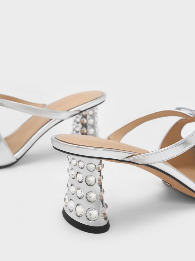 Mules Charles And Keith Bow Crossover Gem-Embellished ασημι | 30958-YASR