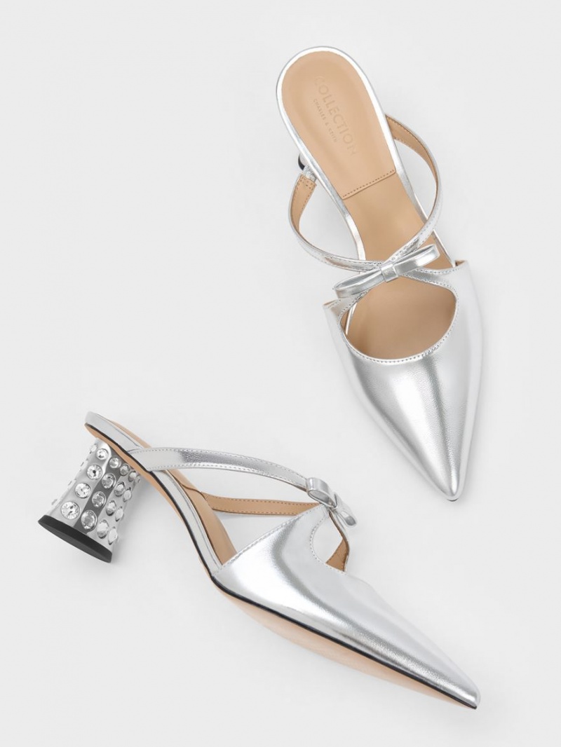 Mules Charles And Keith Bow Crossover Gem-Embellished ασημι | 30958-YASR