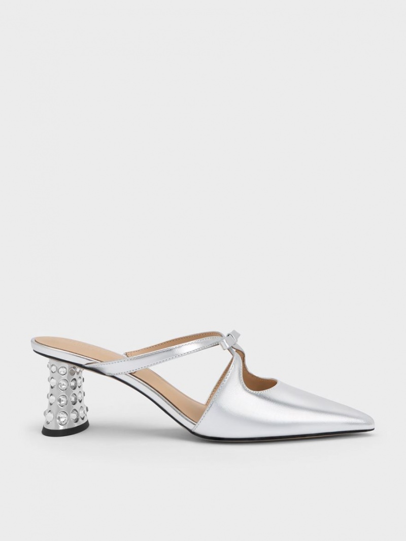 Mules Charles And Keith Bow Crossover Gem-Embellished ασημι | 30958-YASR