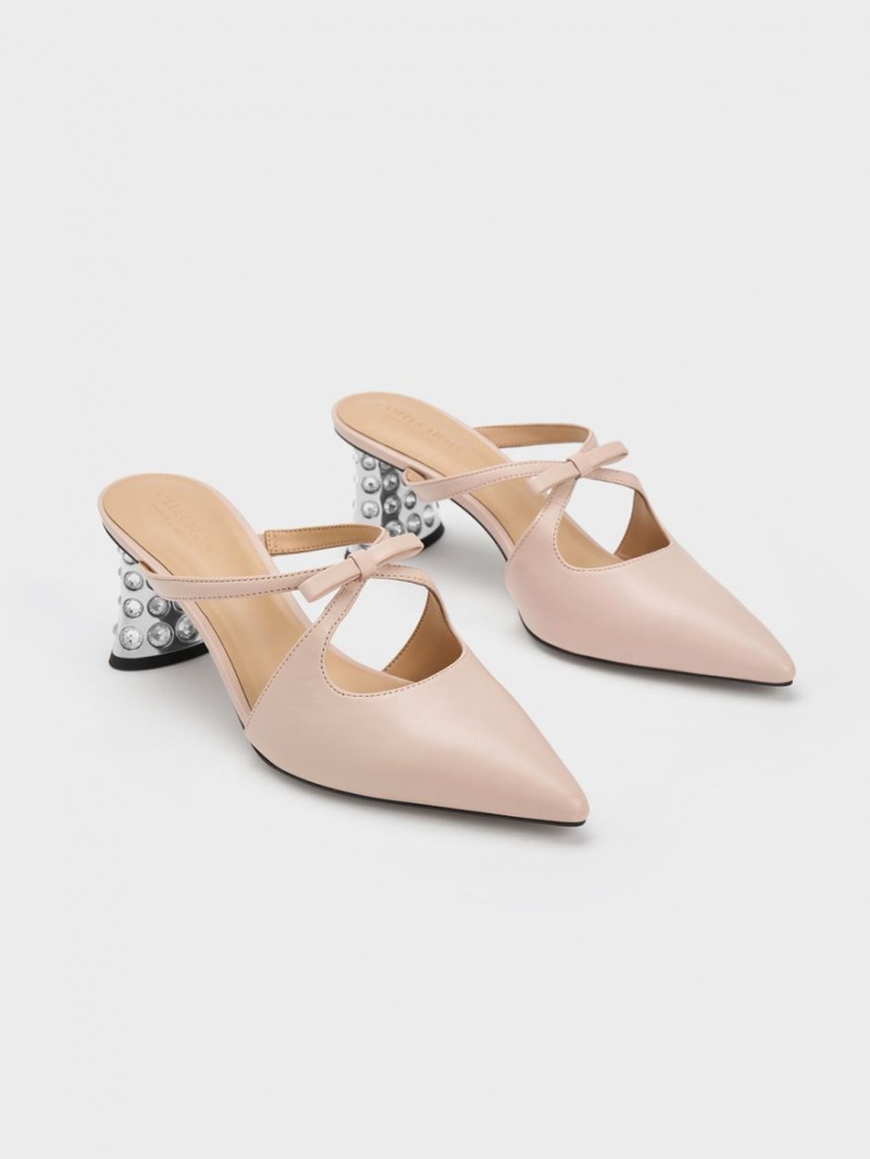 Mules Charles And Keith Bow Crossover Gem-Embellished Μπεζ | 73194-TNXM