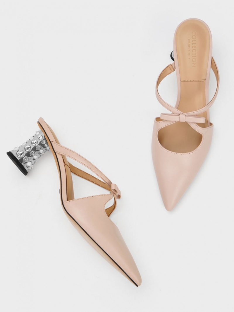 Mules Charles And Keith Bow Crossover Gem-Embellished Μπεζ | 73194-TNXM