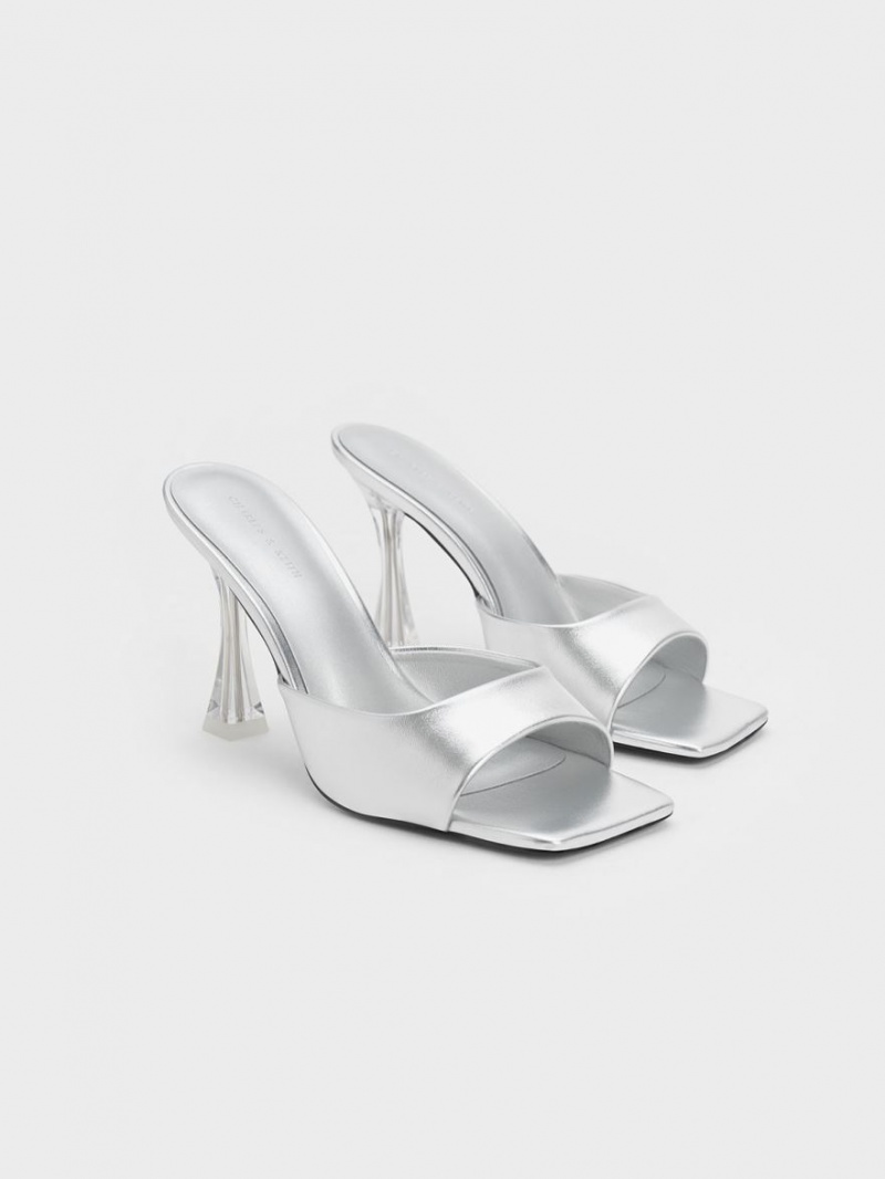 Mules Charles And Keith Clear Flared Heel Metallic ασημι | 97143-GKLH