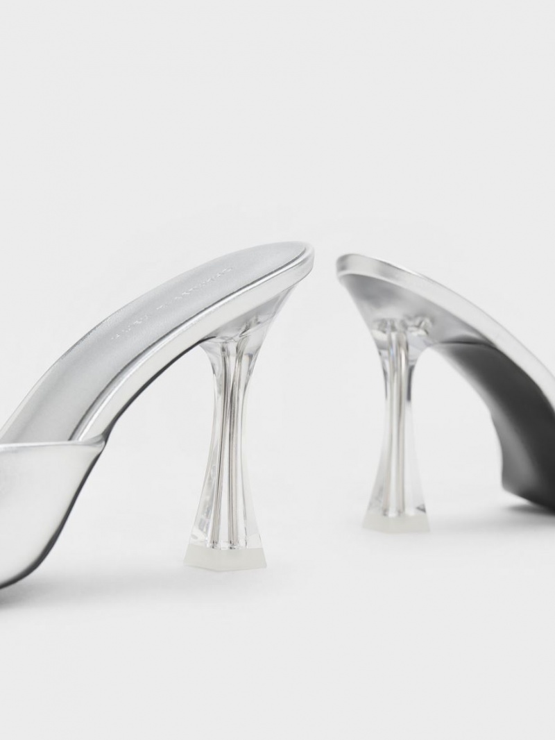 Mules Charles And Keith Clear Flared Heel Metallic ασημι | 97143-GKLH