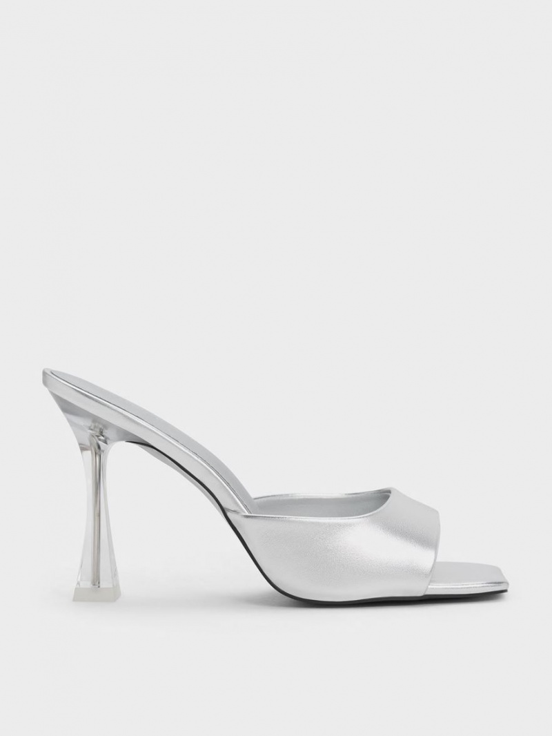 Mules Charles And Keith Clear Flared Heel Metallic ασημι | 97143-GKLH