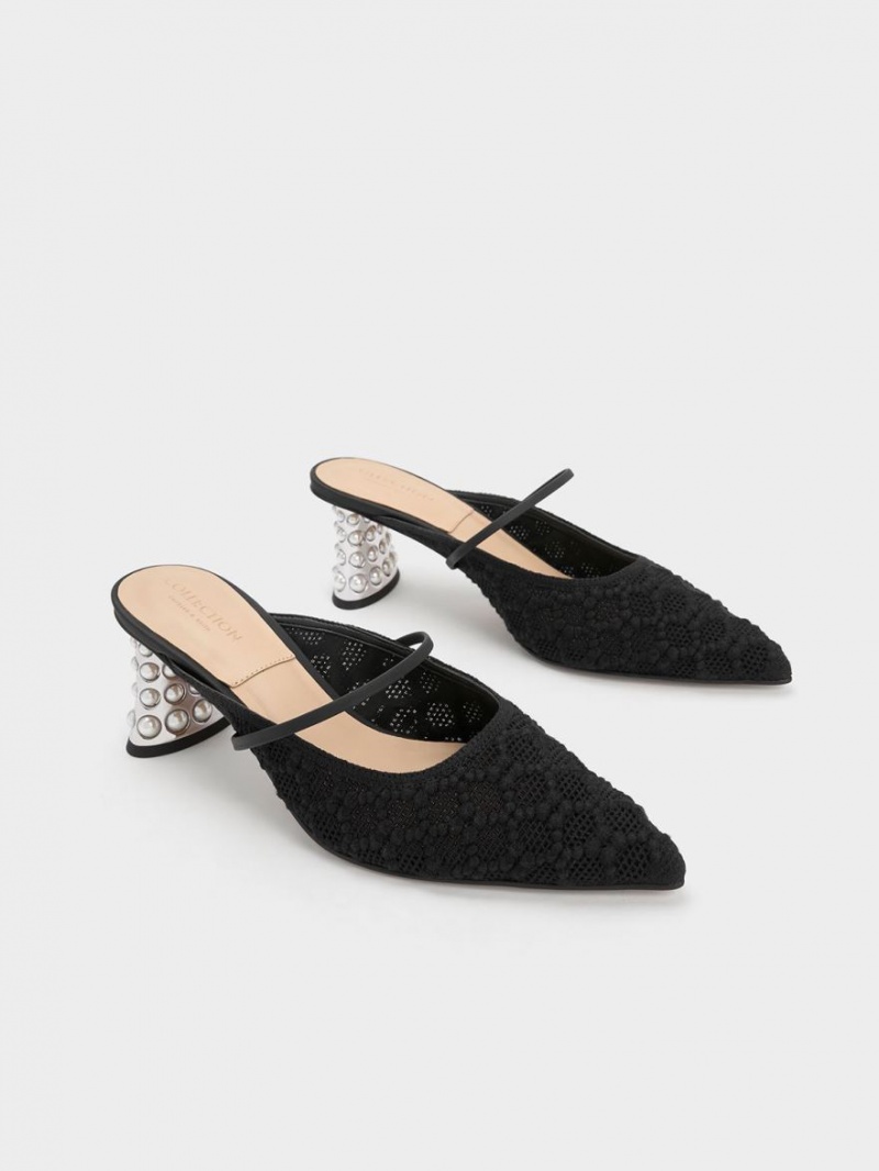 Mules Charles And Keith Crochet & δερματινα Beaded Heel μαυρα | 57281-IYCT