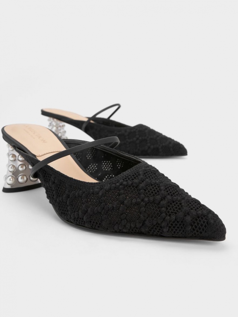 Mules Charles And Keith Crochet & δερματινα Beaded Heel μαυρα | 57281-IYCT