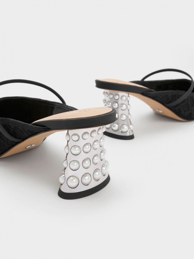 Mules Charles And Keith Crochet & δερματινα Beaded Heel μαυρα | 57281-IYCT