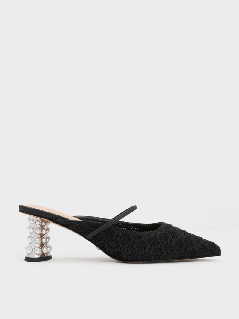 Mules Charles And Keith Crochet & δερματινα Beaded Heel μαυρα | 57281-IYCT