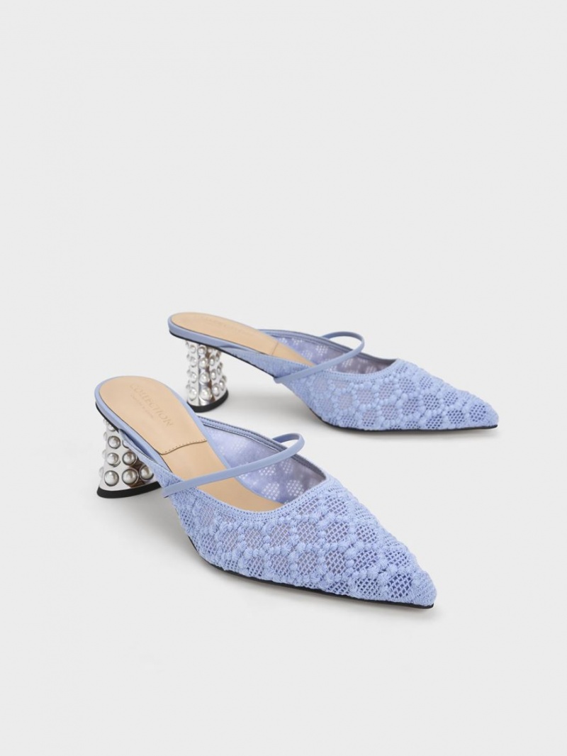 Mules Charles And Keith Crochet & δερματινα Beaded Heel μπλε | 83941-ZOJU