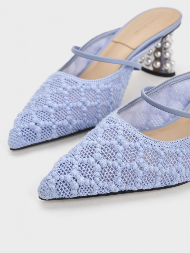 Mules Charles And Keith Crochet & δερματινα Beaded Heel μπλε | 83941-ZOJU