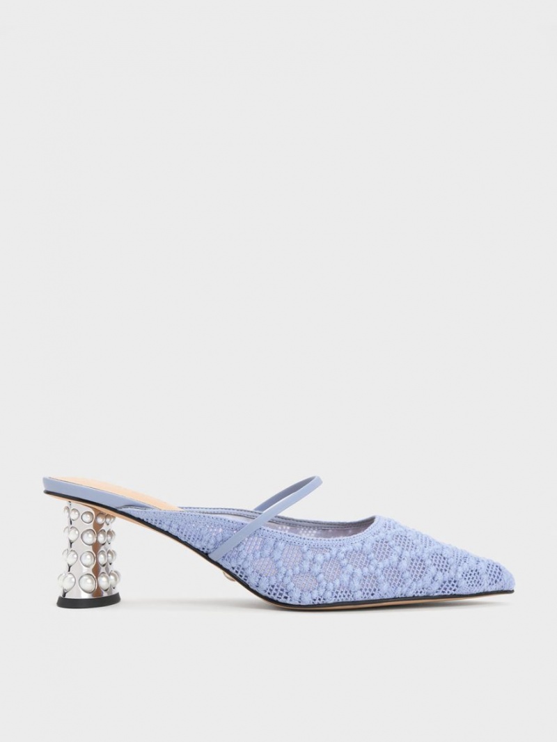 Mules Charles And Keith Crochet & δερματινα Beaded Heel μπλε | 83941-ZOJU