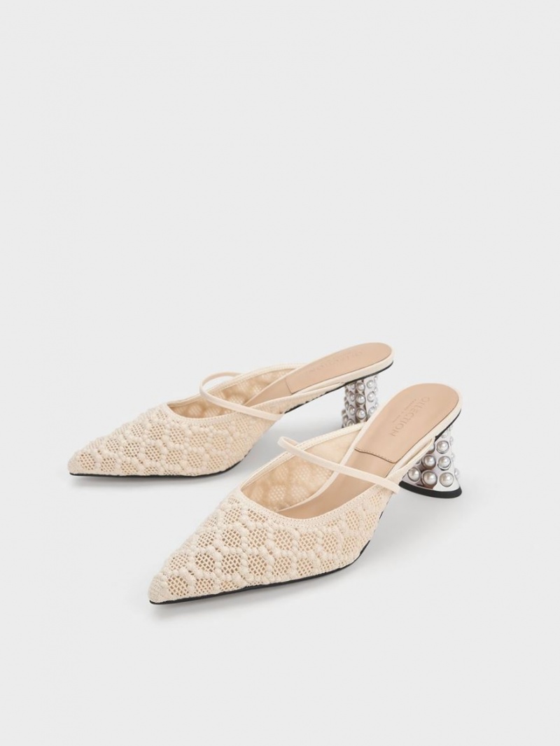 Mules Charles And Keith Crochet & δερματινα Beaded Heel κρέμα | 48579-KLPJ