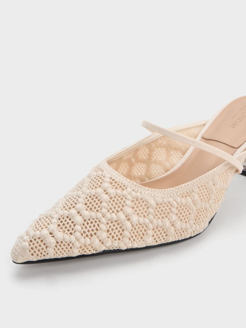 Mules Charles And Keith Crochet & δερματινα Beaded Heel κρέμα | 48579-KLPJ