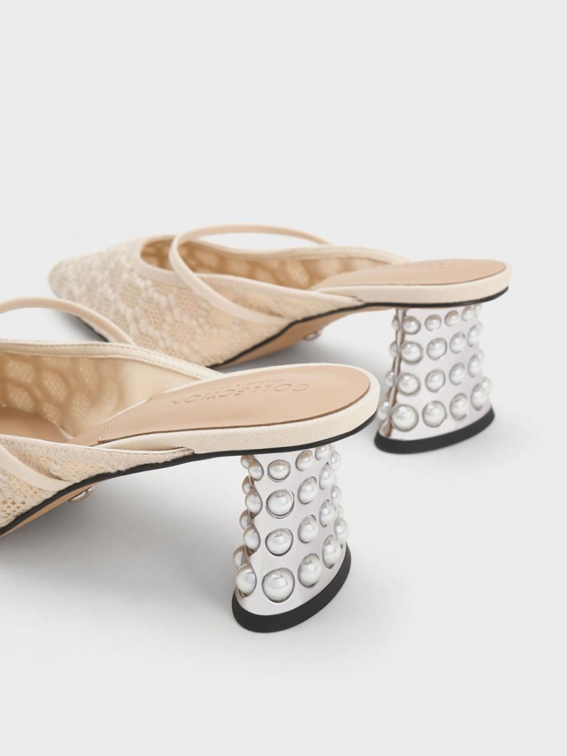 Mules Charles And Keith Crochet & δερματινα Beaded Heel κρέμα | 48579-KLPJ