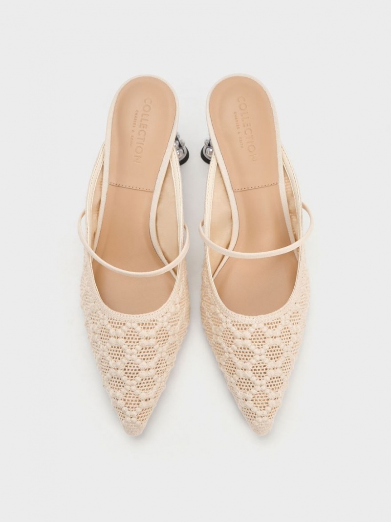 Mules Charles And Keith Crochet & δερματινα Beaded Heel κρέμα | 48579-KLPJ