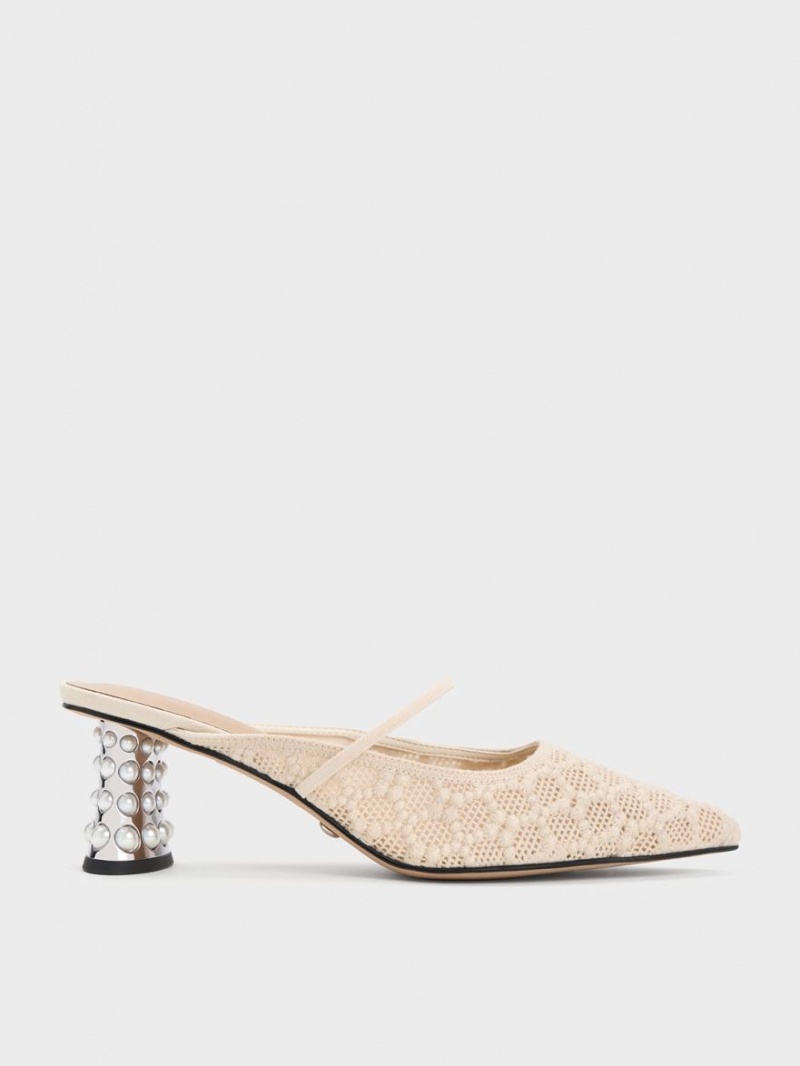 Mules Charles And Keith Crochet & δερματινα Beaded Heel κρέμα | 48579-KLPJ