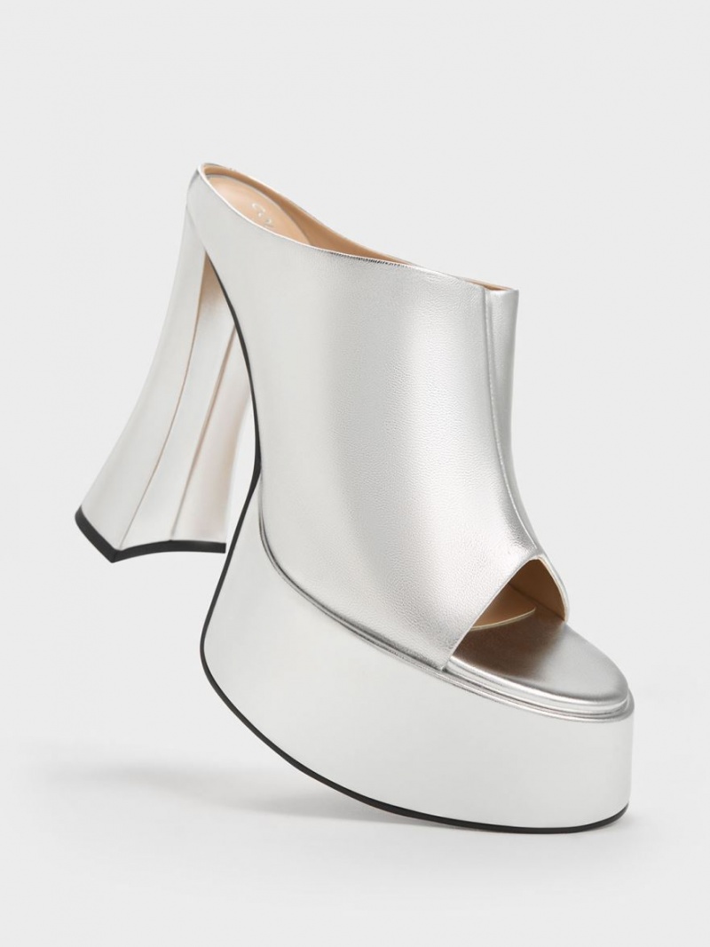 Mules Charles And Keith Delphine δερματινα Metallic flatforms ασημι | 38072-VTEY