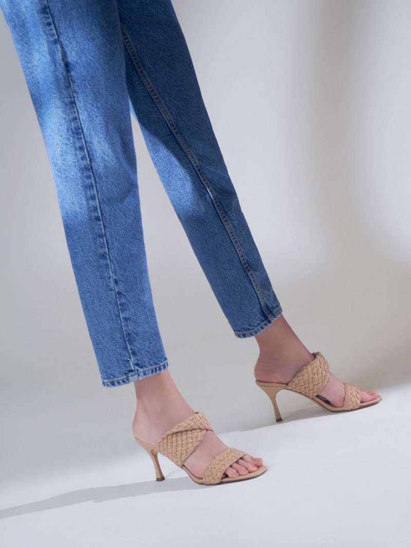 Mules Charles And Keith Double λουρακια Woven με τακουνι Μπεζ | 15283-EAUD