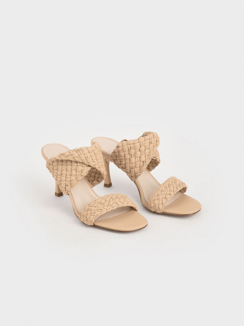 Mules Charles And Keith Double λουρακια Woven με τακουνι Μπεζ | 15283-EAUD