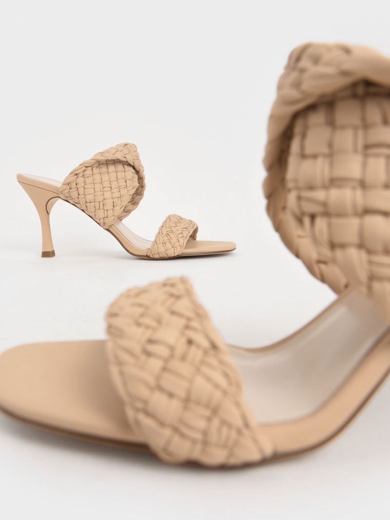 Mules Charles And Keith Double λουρακια Woven με τακουνι Μπεζ | 15283-EAUD