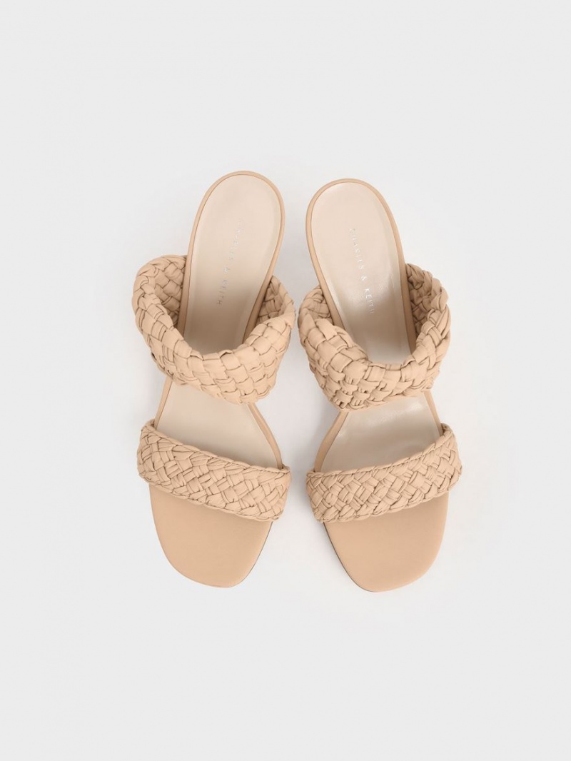 Mules Charles And Keith Double λουρακια Woven με τακουνι Μπεζ | 15283-EAUD