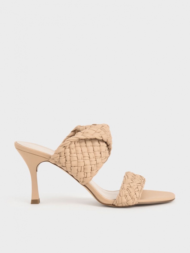 Mules Charles And Keith Double λουρακια Woven με τακουνι Μπεζ | 15283-EAUD