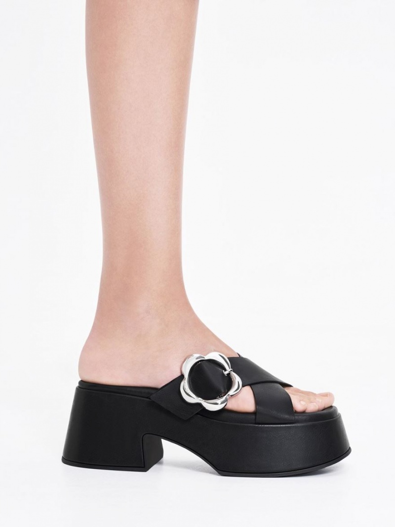 Mules Charles And Keith Flower-πόρπης Crossover flatforms μαυρα | 10562-YSWO