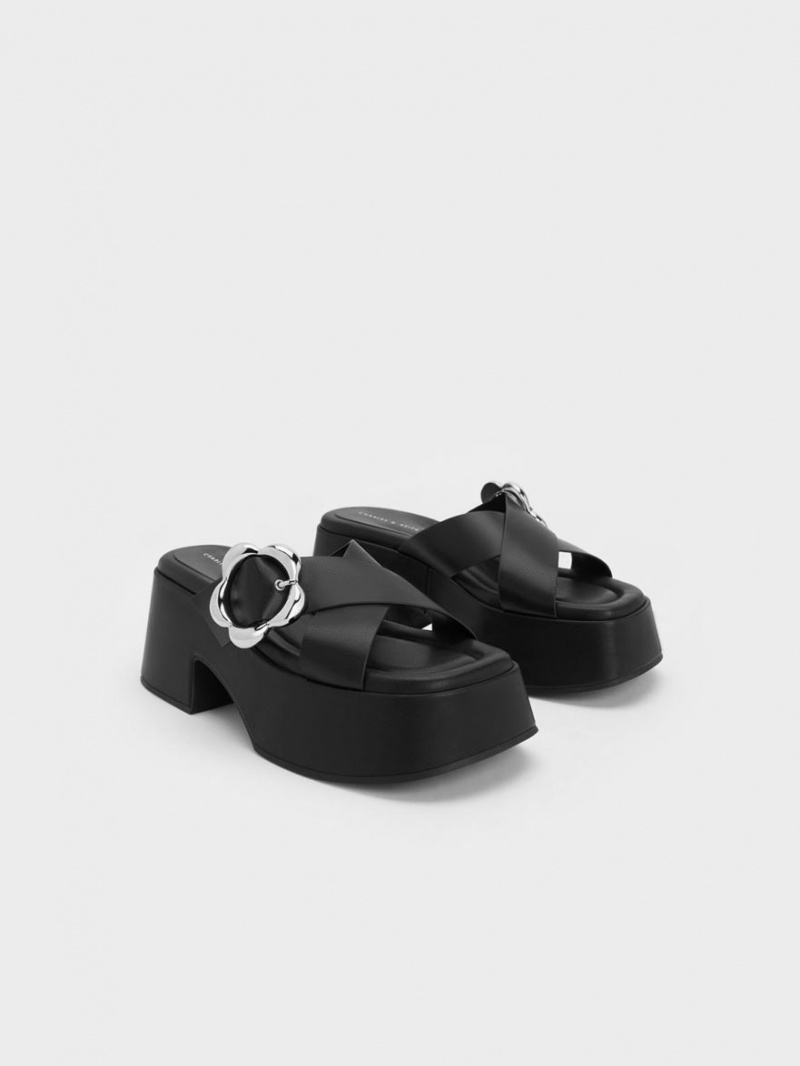 Mules Charles And Keith Flower-πόρπης Crossover flatforms μαυρα | 10562-YSWO