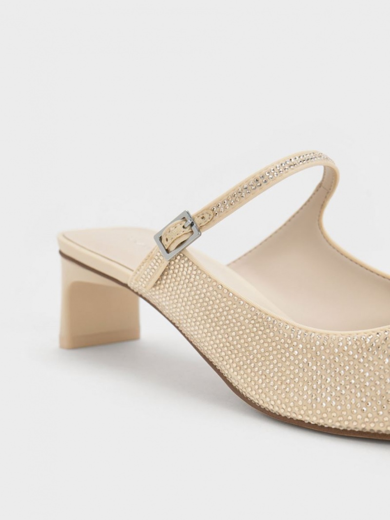 Mules Charles And Keith Gem-Embellished Blade Heel Μπεζ | 30248-ZSWQ