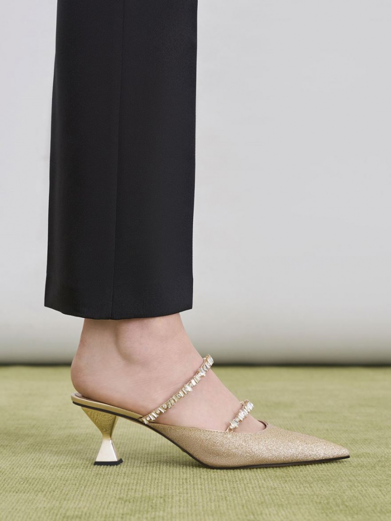 Mules Charles And Keith Gem-Encrusted Metallic Glittered χρυσο χρωμα | 94813-GWPD