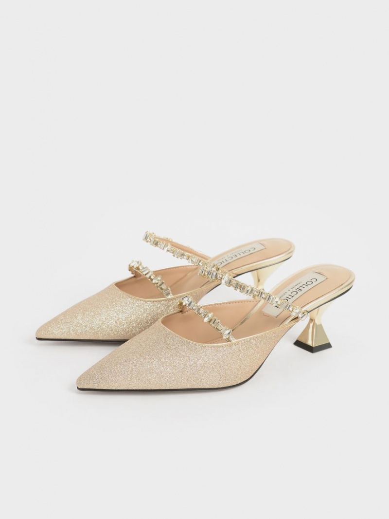 Mules Charles And Keith Gem-Encrusted Metallic Glittered χρυσο χρωμα | 94813-GWPD