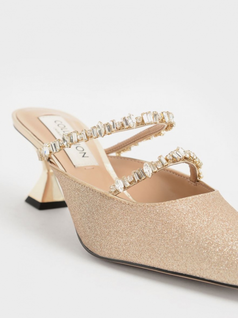 Mules Charles And Keith Gem-Encrusted Metallic Glittered χρυσο χρωμα | 94813-GWPD