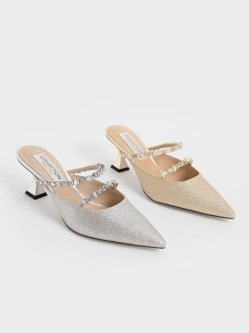 Mules Charles And Keith Gem-Encrusted Metallic Glittered χρυσο χρωμα | 94813-GWPD