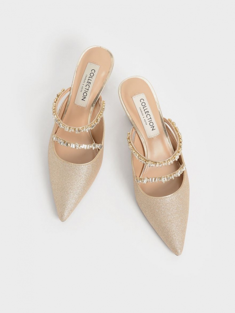 Mules Charles And Keith Gem-Encrusted Metallic Glittered χρυσο χρωμα | 94813-GWPD