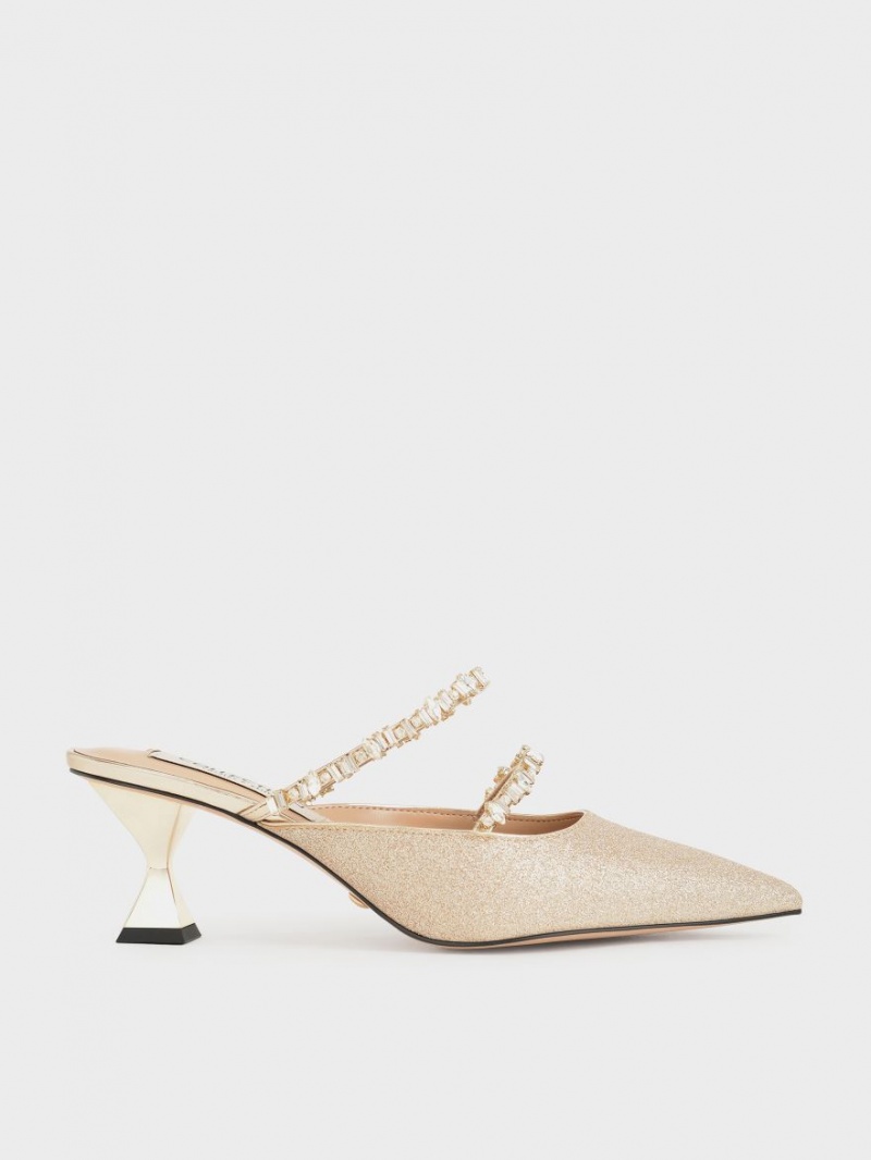 Mules Charles And Keith Gem-Encrusted Metallic Glittered χρυσο χρωμα | 94813-GWPD