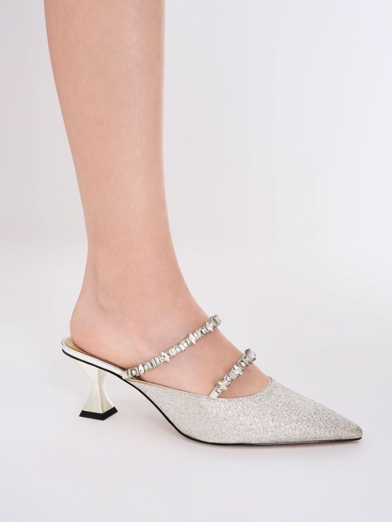 Mules Charles And Keith Gem-Encrusted Metallic Glittered ασημι | 98064-AHQN