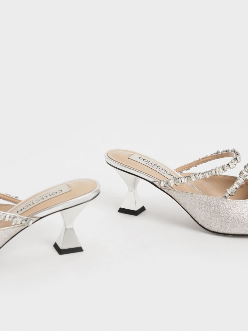 Mules Charles And Keith Gem-Encrusted Metallic Glittered ασημι | 98064-AHQN