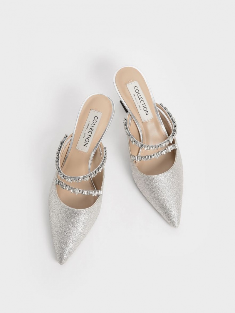 Mules Charles And Keith Gem-Encrusted Metallic Glittered ασημι | 98064-AHQN