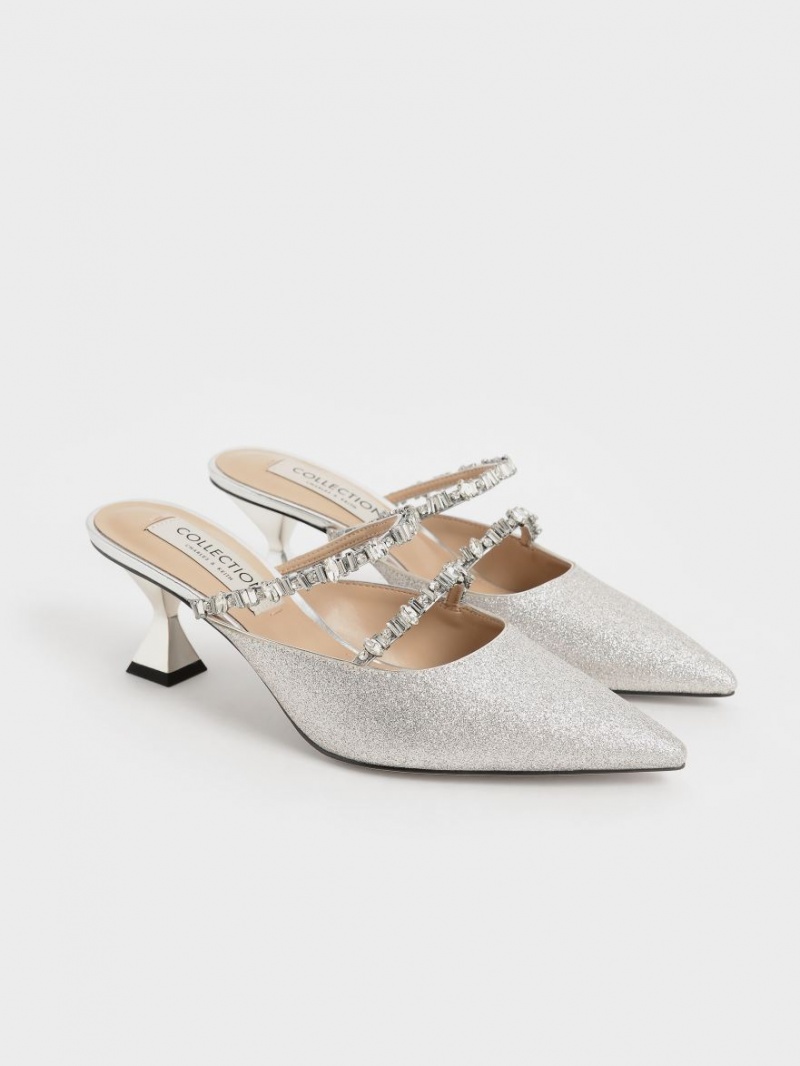 Mules Charles And Keith Gem-Encrusted Metallic Glittered ασημι | 98064-AHQN