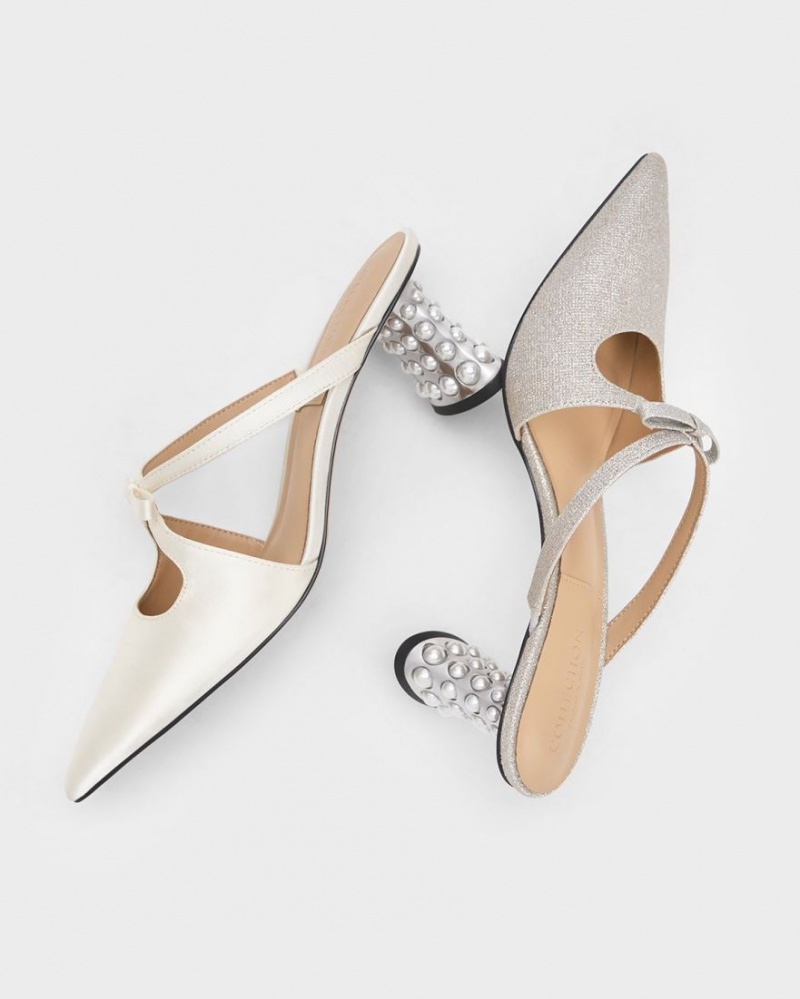 Mules Charles And Keith Jacinda Beaded Heel Bow ασπρα | 28193-KRSV